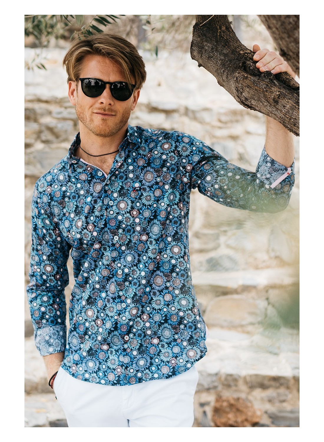 Camisa hombre slim fit girasoles azules azul marino