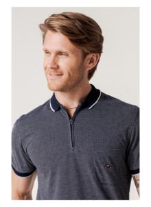 Polo jacquard marino manga corta cuello cremallera